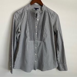GAP button up shirt in charcoal gray and white stripe with pleated bib detail